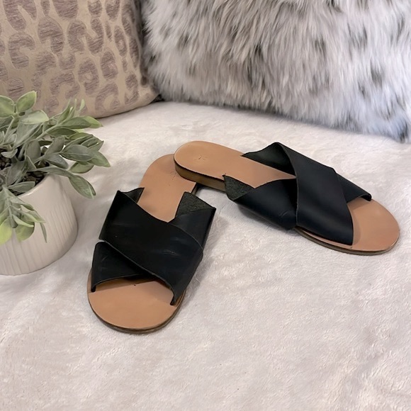 Topshop Criss Cross Faux Black Leather Slide Sandals Sz 37 - Picture 1 of 8